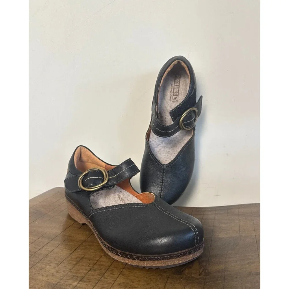 Pikolinos Black Leather Mary Jane Shoes Women 10 Comfort Wedge Arch Support